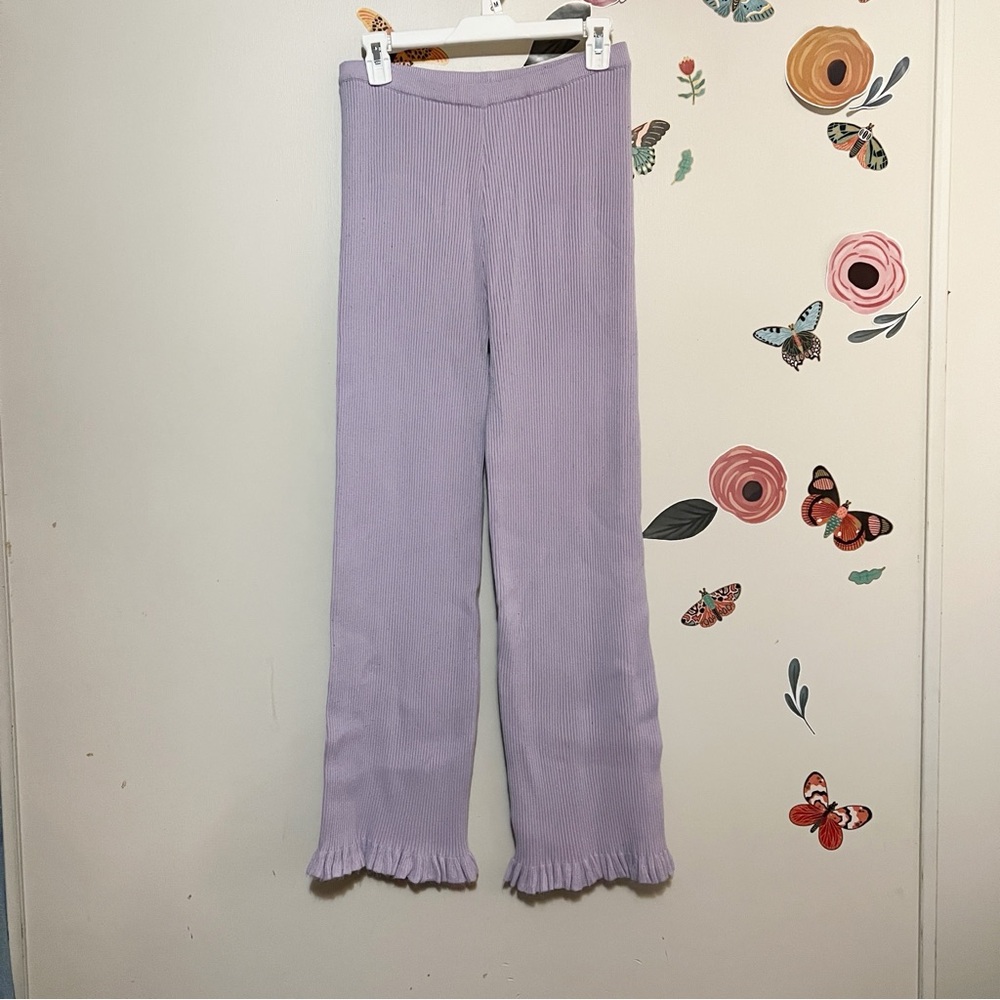 Find Me Now Cleo Ribbed Lavender Ruffle Knit Pants L - Picture 4 of 9